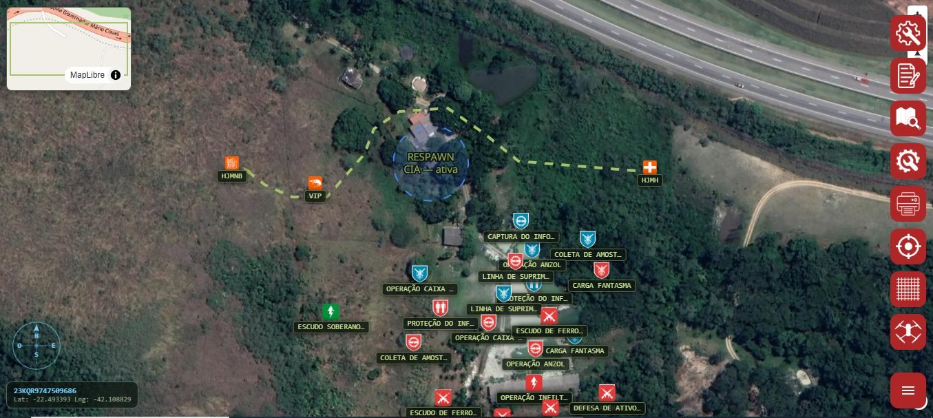 Mapa tático com checkpoints nomeados e rota em linha pontilhada ligando pontos de passagem.